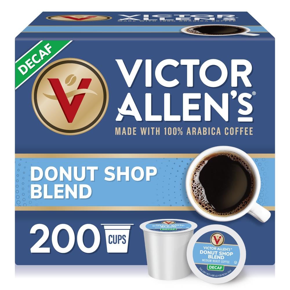 Victor Allens Coffee Decaf Donut Shop Blend, Medium Roast, 200 Count Single Serve Pods, Brown