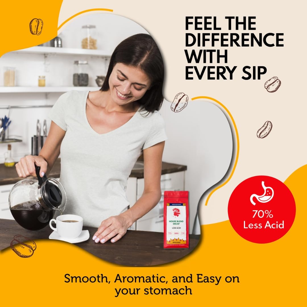 Puroast Low Acid Coffee , Whole Bean , Decaf House Blend , Medium Roast , Certified Low Acid Coffee , Ph 5.5+ , Gut Health , 2.2