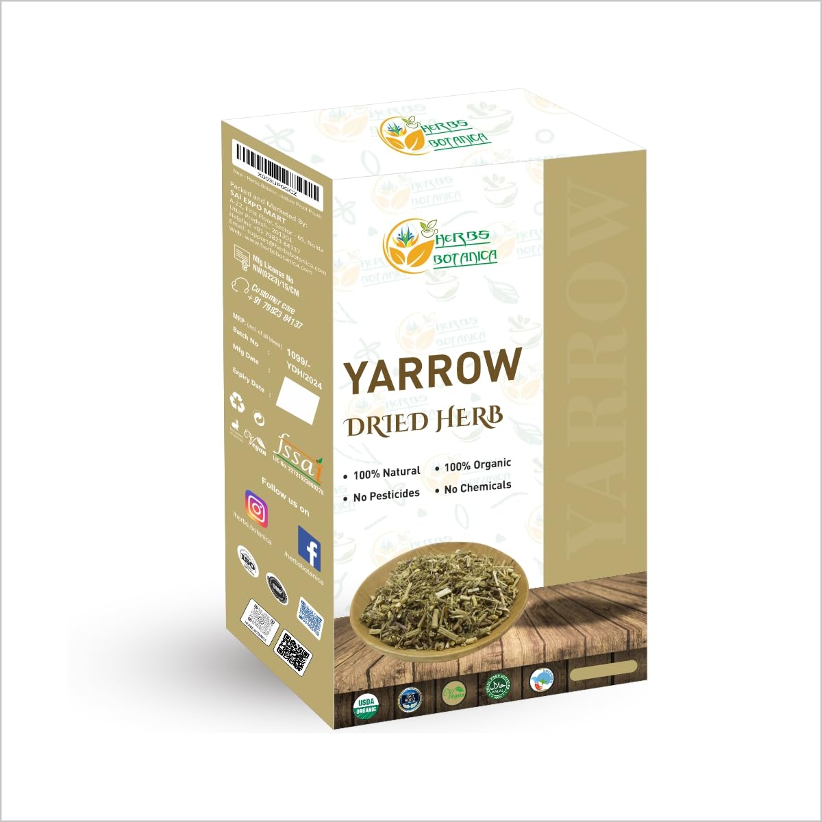 Herbs Botanica Yarrow Herb Dried For Tea, Achillea Millefolium Loose Leaf & Flower For Tincture, Skincare Organic Resealable Dou