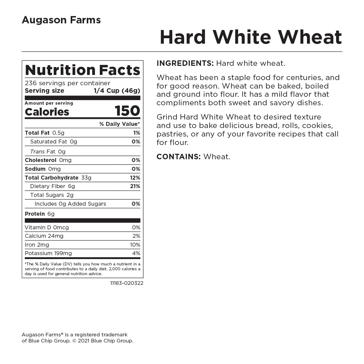 Augason Farms Hard White Wheat Emergency Food Storage 24 Pound Pail