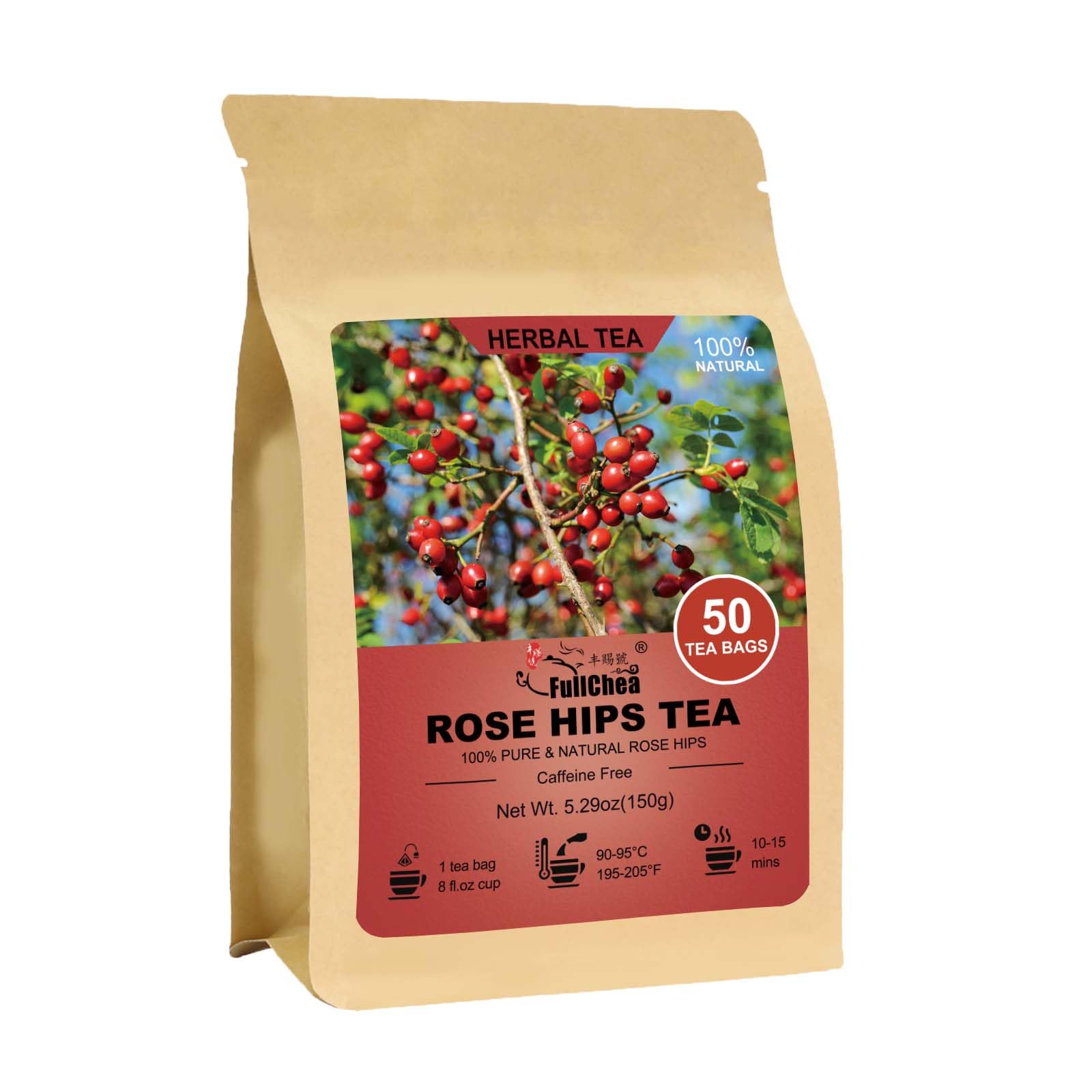 FullChea Rose Hips Tea Bags - 50 Count, Non-GMO, Caffeine-free, Supports Digestion & Immunity