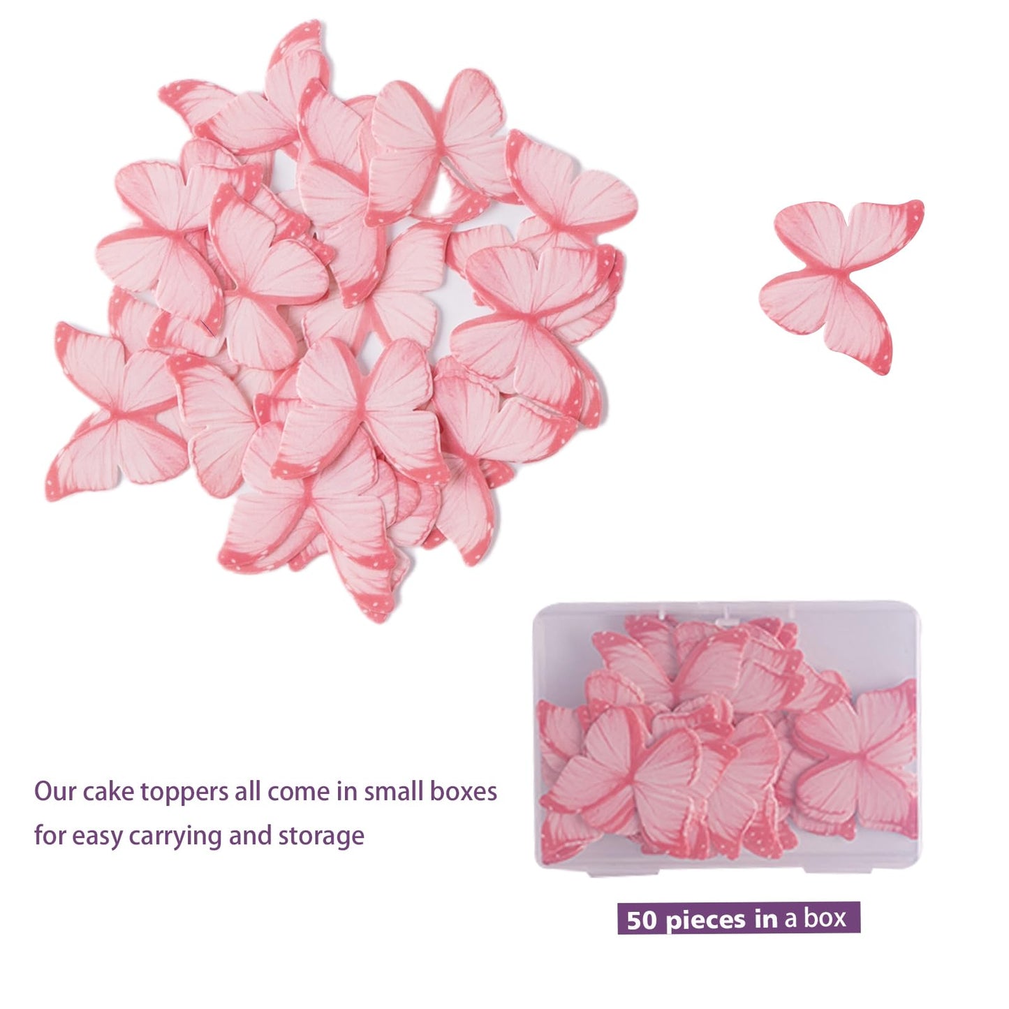 50Pcs Edible Pink Butterfly Cupcake Toppers Edible Wafer Paper Butterfly Decorations For Women Girls' Happy Birthday Cake Topper