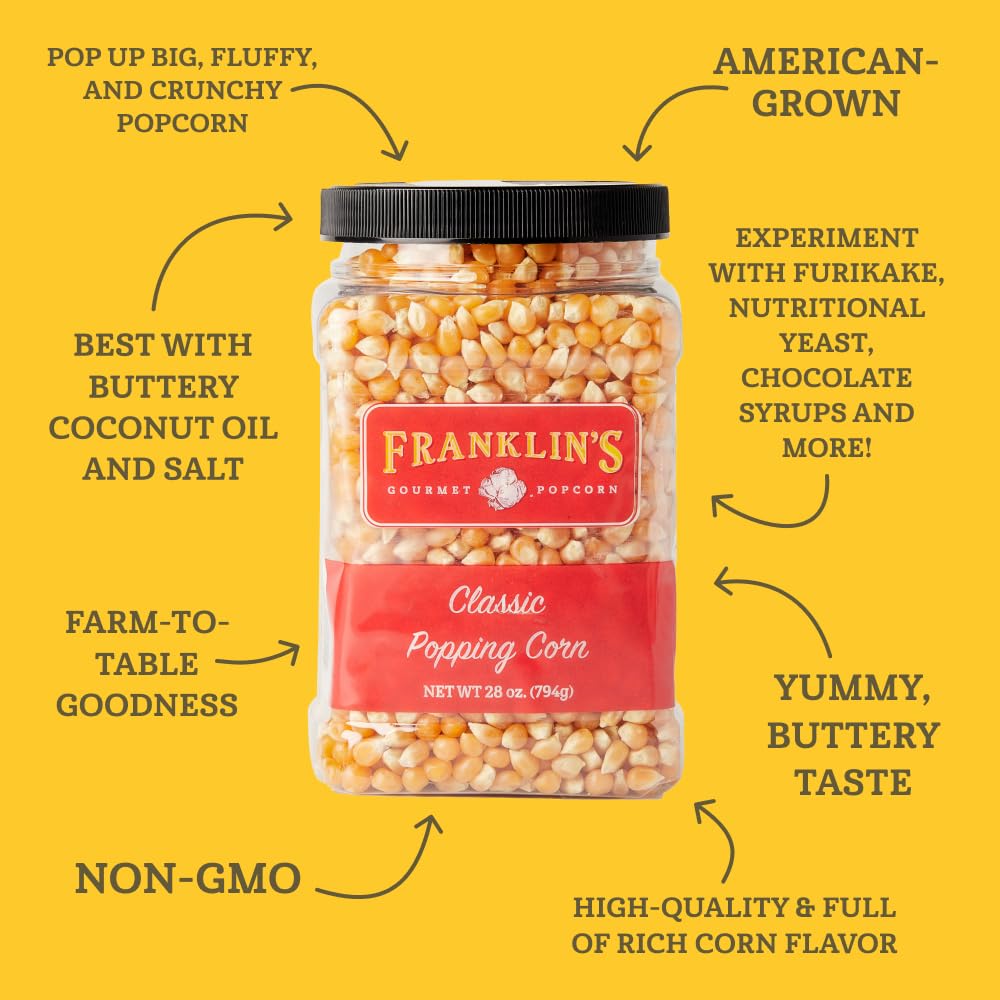Franklins Gourmet Popcorn 28oz Tub Classic Popcorn Kernels for Popping - Made in USA, Non-GMO & All-Natural - Old Fashioned Unpo