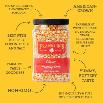 Franklins Gourmet Popcorn 28oz Tub Classic Popcorn Kernels for Popping - Made in USA, Non-GMO & All-Natural - Old Fashioned Unpo