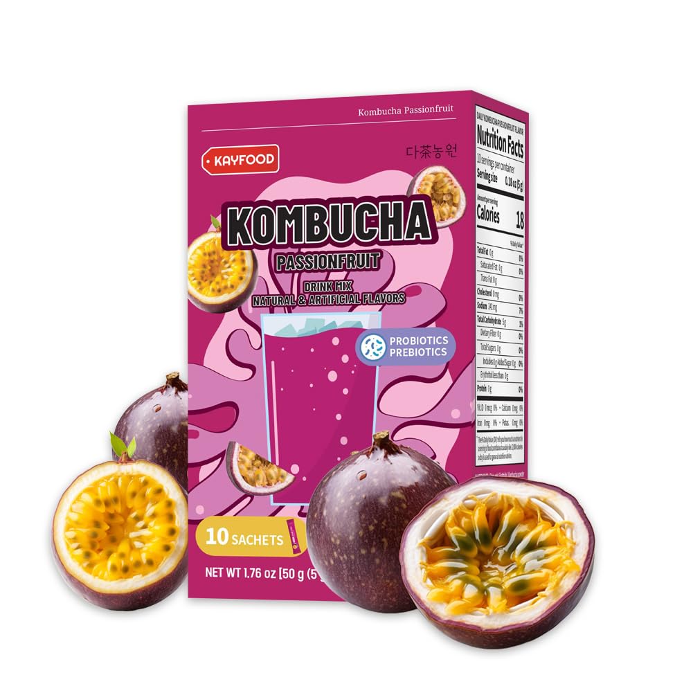 KAYFOOD Kombucha Sparkling Beverage, Zero Sugar, Peach & Passion Fruit, 10 Count