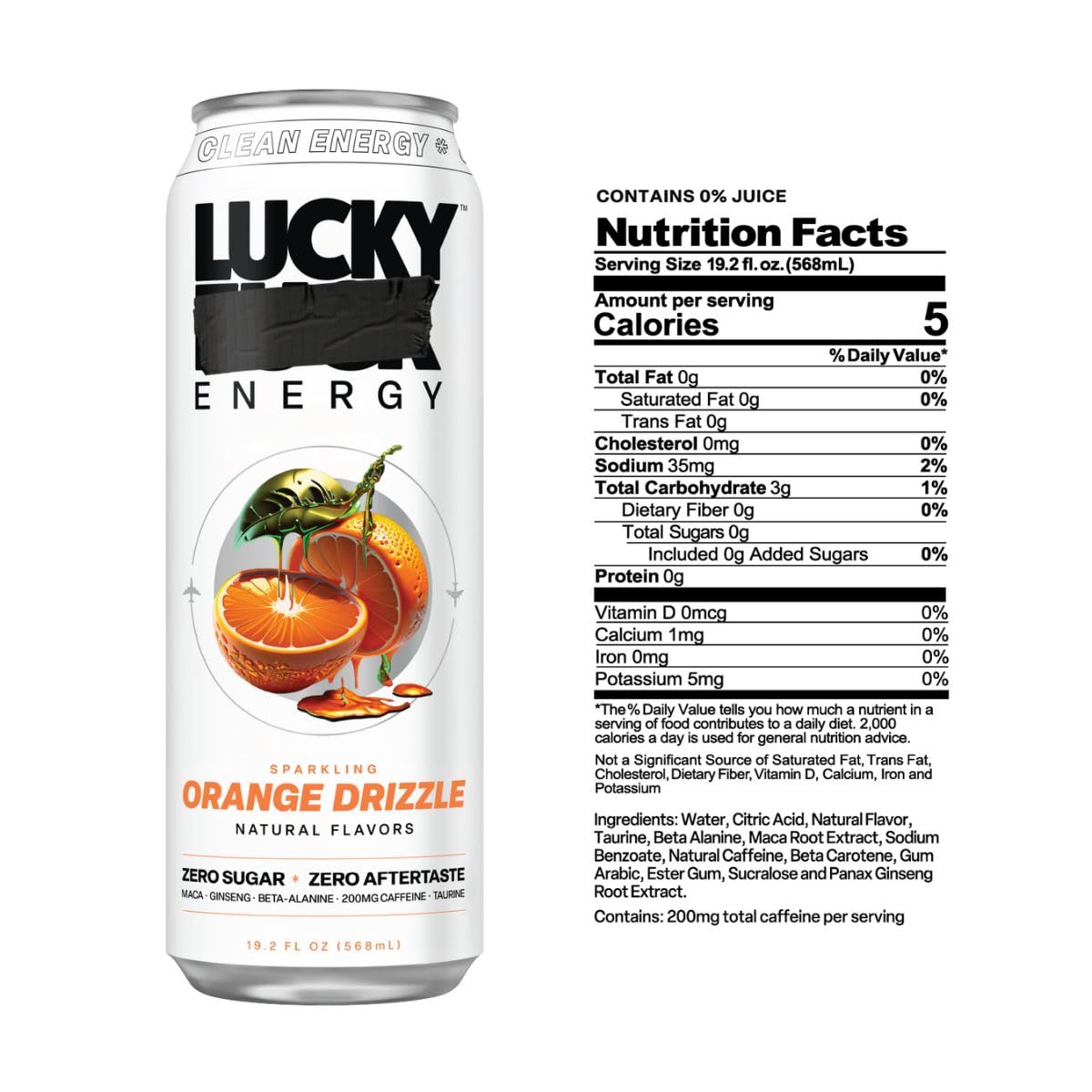 Lucky Energy Sugar Free Energy Drink, Pack of 12 Cans, 19.2 Fl Oz, Orange Drizzle, 200mg Caffeine, Ginseng, Taurine, Beta-Alanine