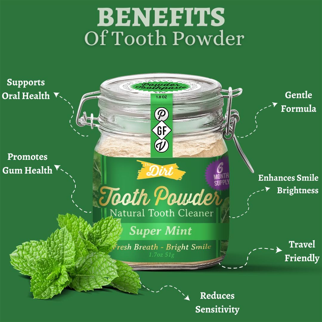 The Dirt Tooth Powder - Natural Fluoride-Free Toothpaste Alternative, Vegan - Essential Oils & Bentonite Clay (Super Mint, 51G: