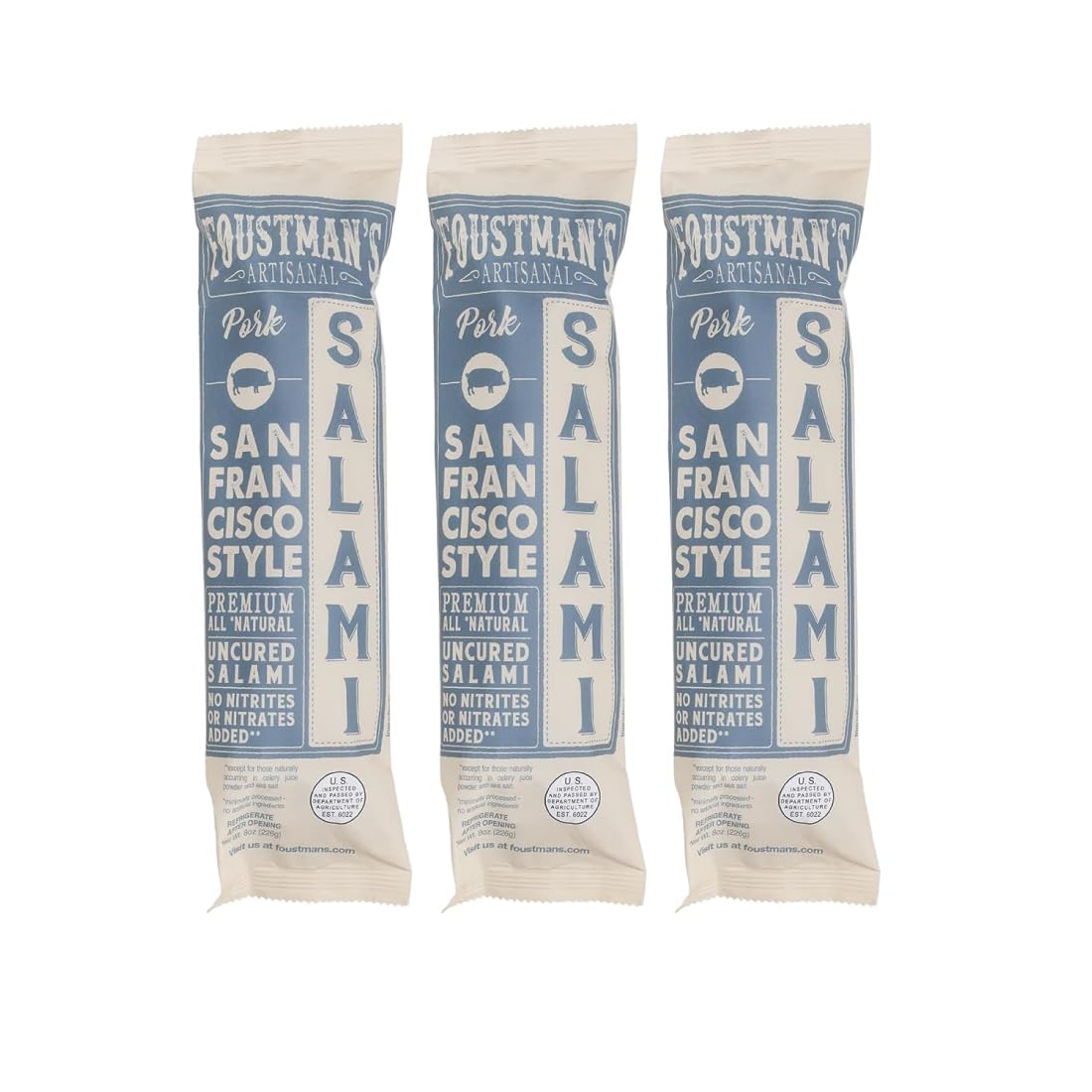 Foustman's Salami Pork San Francisco Style Artisanal, Nitrate-Free, Naturally Cured, Gluten-Free, Dairy-Free, Pack of 3, 8 Oz Ea