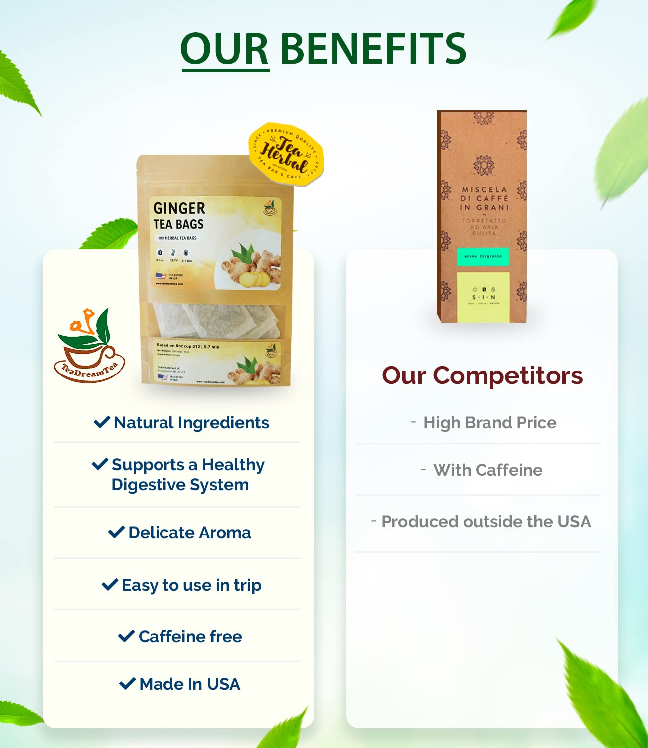 Teadreamtea Ginger Tea Bags - 50 Bleach-Free Tea Bags | Caffeine Free, Antioxidant, Calms Upset Stomach - Strengthen Immune System - Herbal Ginger Tea
