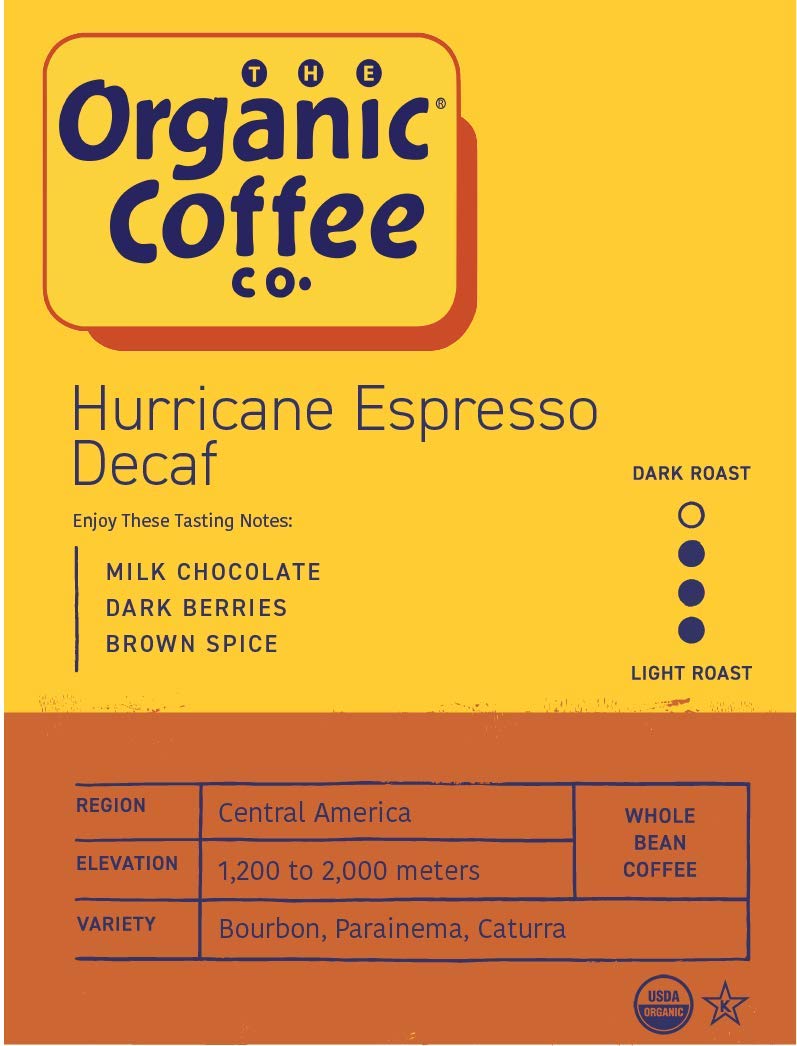 The Organic Coffee Co. Whole Bean Coffee - Decaf Hurricane Espresso Roast (2Lb Bag), Medium Dark Roast, Swiss Water Processed, U