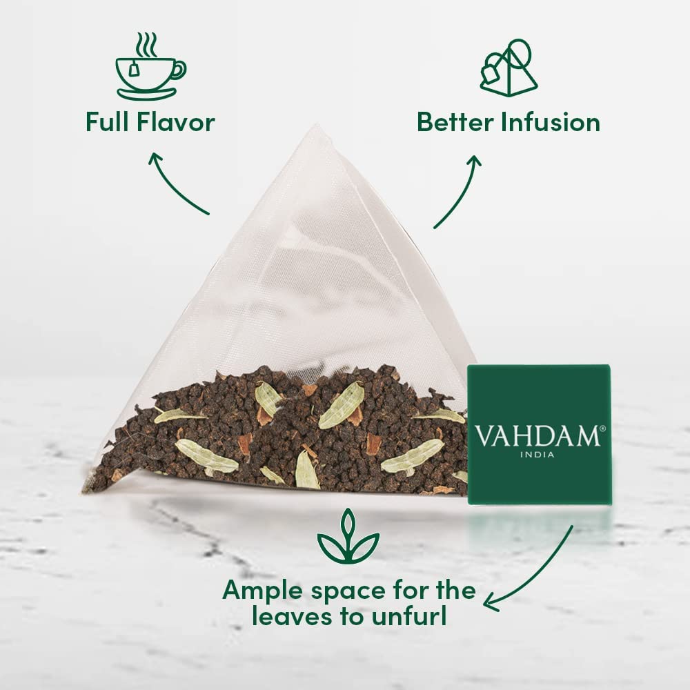 Vahdam, Indias Original Masala Chai Tea Bags (15 Count) Non Gmo, Gluten Free, No Added Flavoring | Blended W/Savory Exotic Spices | Individually Wrapped Pyramid Tea Bags | Direct From Source