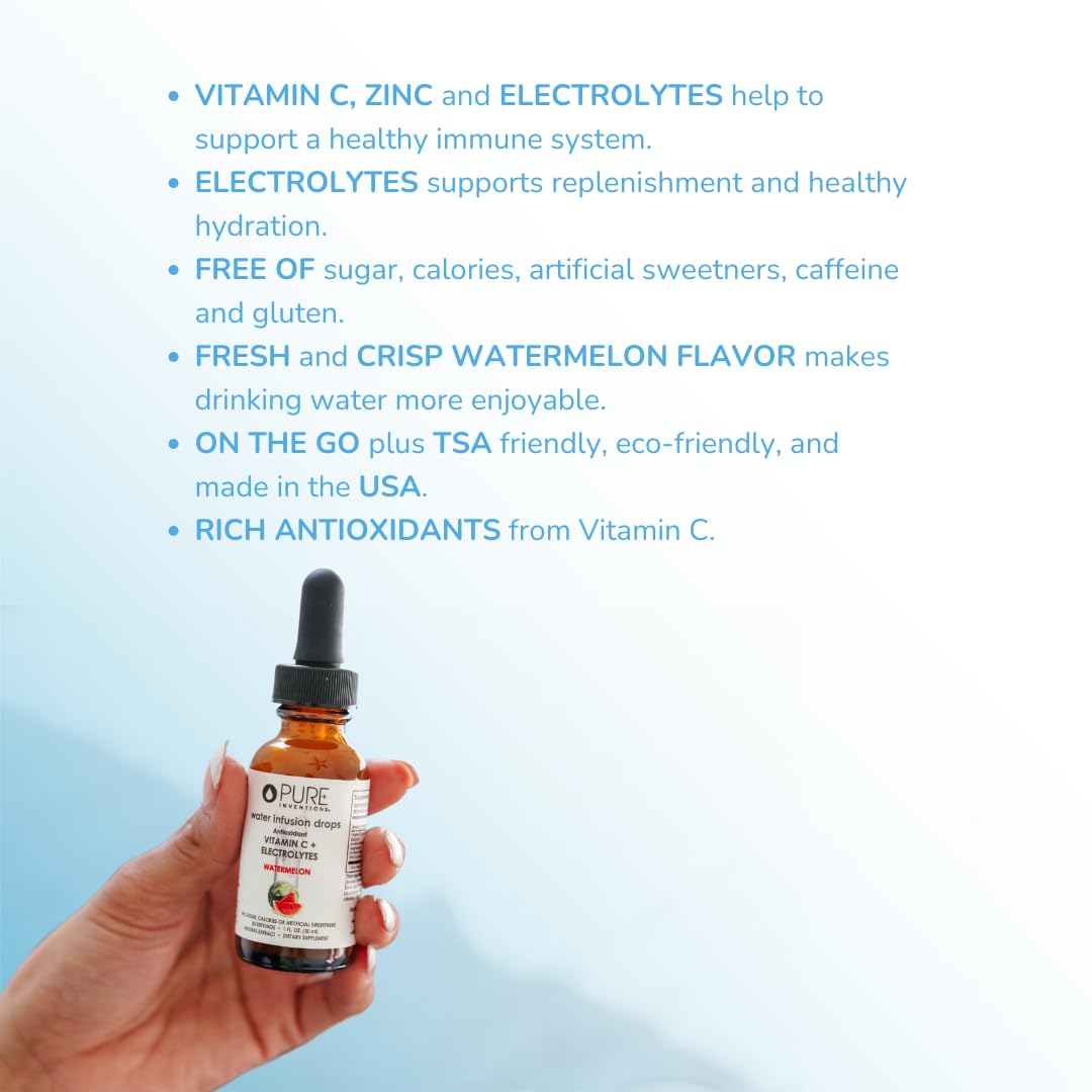 Pure Inventions Antioxidant Vitamin C Electrolytes Watermelon Drops - 1 Fl Oz - No Sugar, No Calories, 30 Servings