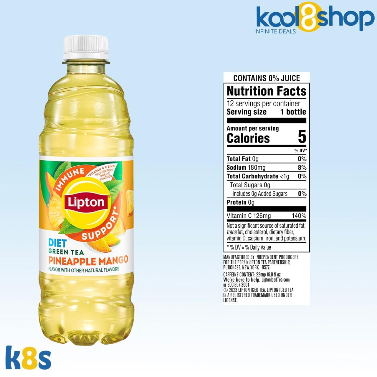 Lipton Pineapple Mango Green Tea 16.9 fl oz Plastic Bottles, 12 Pack with 15 Sugarcane Straws - Immune Support Beverage