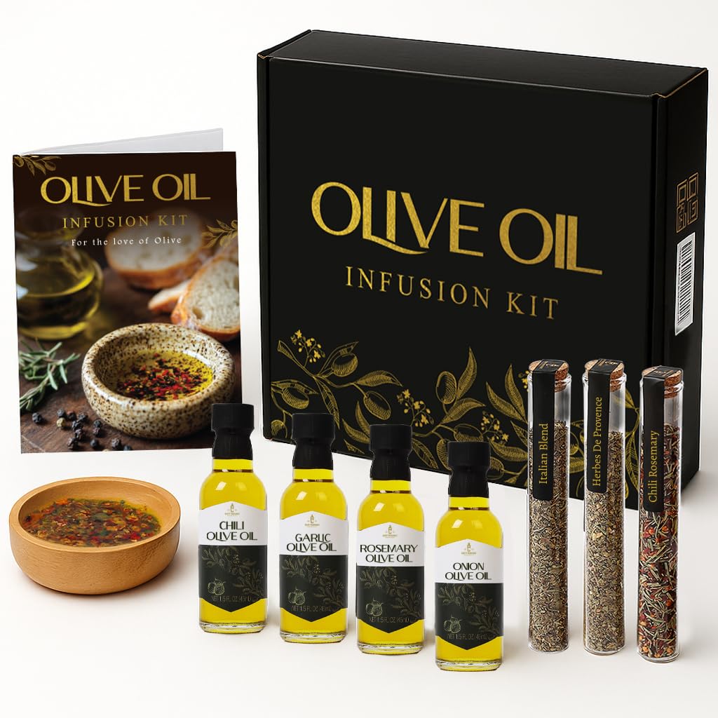 Infused Olive Oil Gift Set – Variety Pack - 4 Flavored Olive Oil Extra Virgin, 3 Spice Flavorful Infusion Blends, Bread Dipping Bowl & Recipe Booklet - Set Of 8 – Gourmet Cooking Gifts For Women