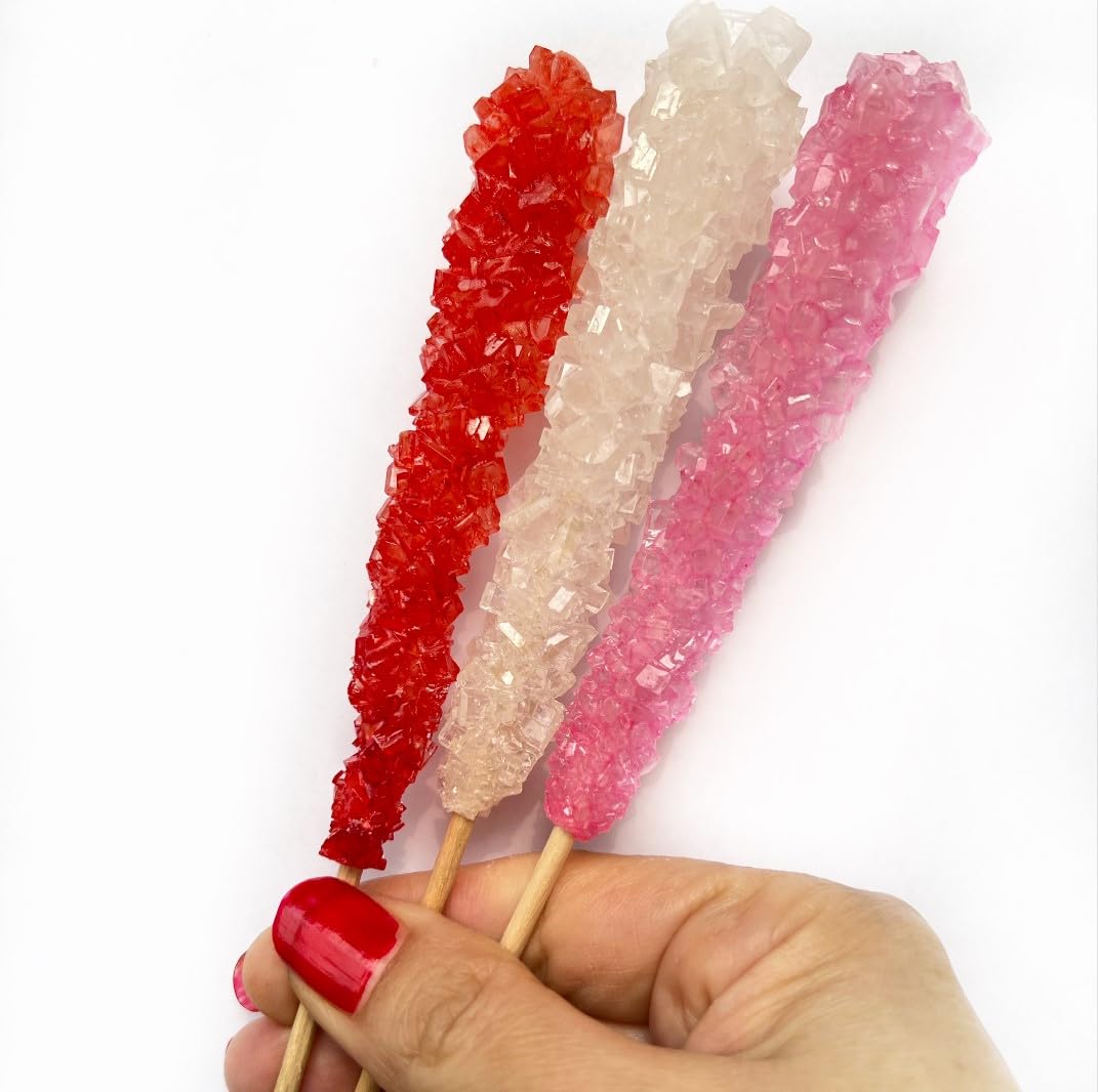 Classic Rock Candy Sticks, Sugar Rock Crystal Lollipops, Individually Wrapped (12 Count, Valentine Mix (Red Strawberry, Pink Che