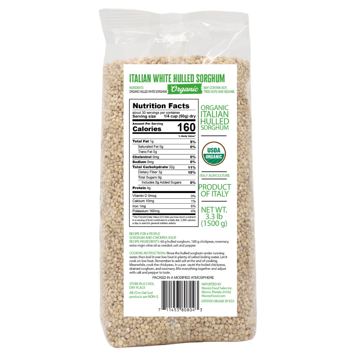 LOro Del Sud Organic Italian White Hulled Sorghum, Gluten-Free Ancient Cereal, 52.9 oz (1.5 kg), High Fiber Superfood