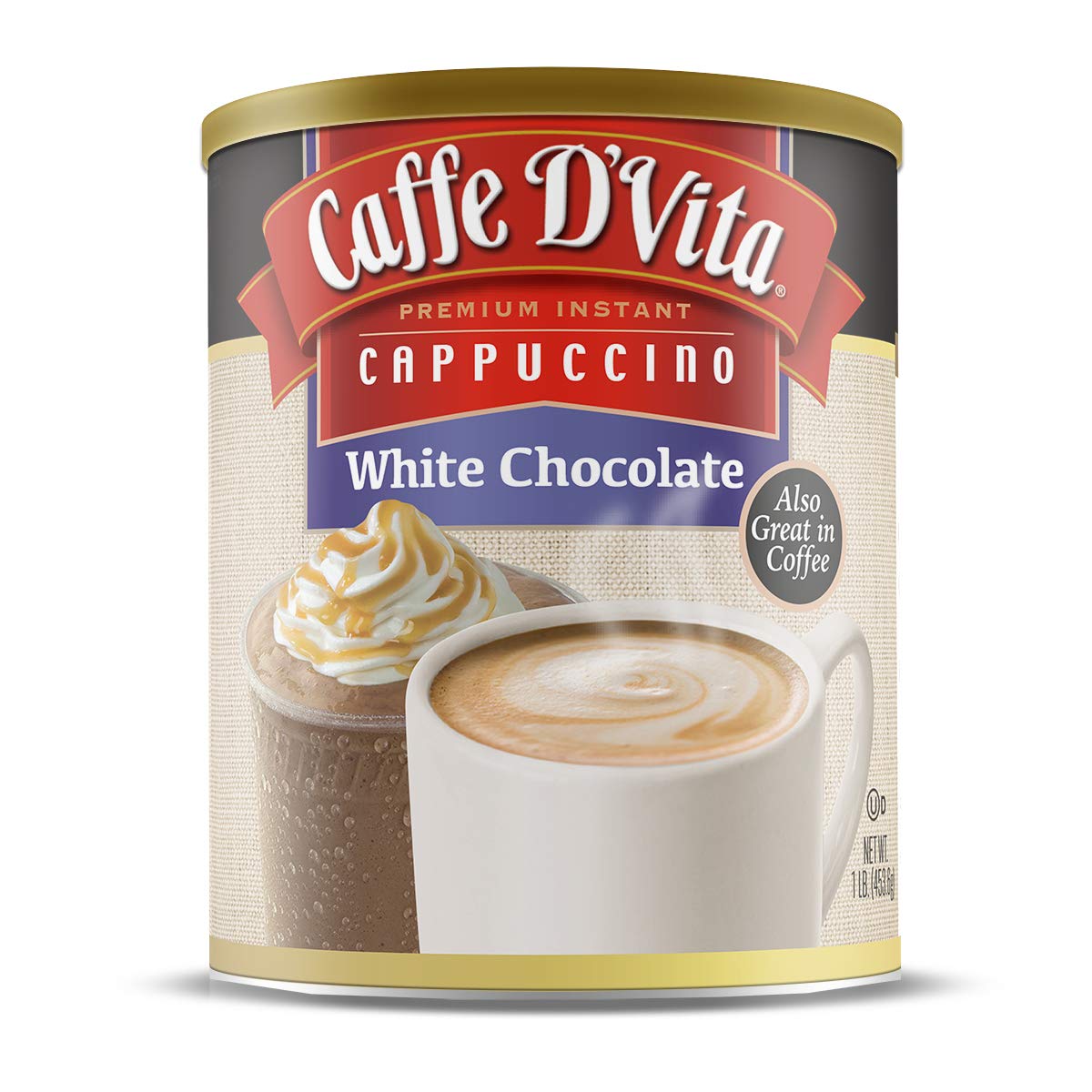 Caffe DVita White Chocolate Cappuccino Mix - Gluten Free, Instant, 16 Ounce Can, Model F-DV-1C-06-WHCH-NU
