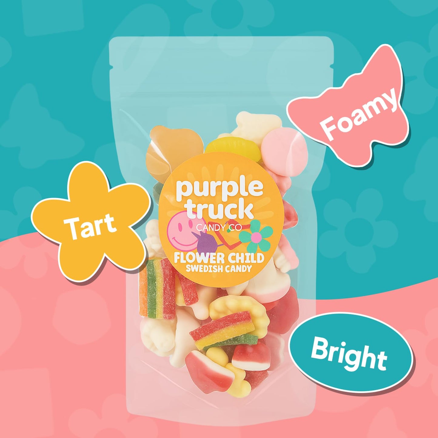 Purple Truck Flower Child Swedish Candy Mix, 8oz Resealable Bag, Non-GMO, Fun Shapes, No Artificial Colors or Preservatives