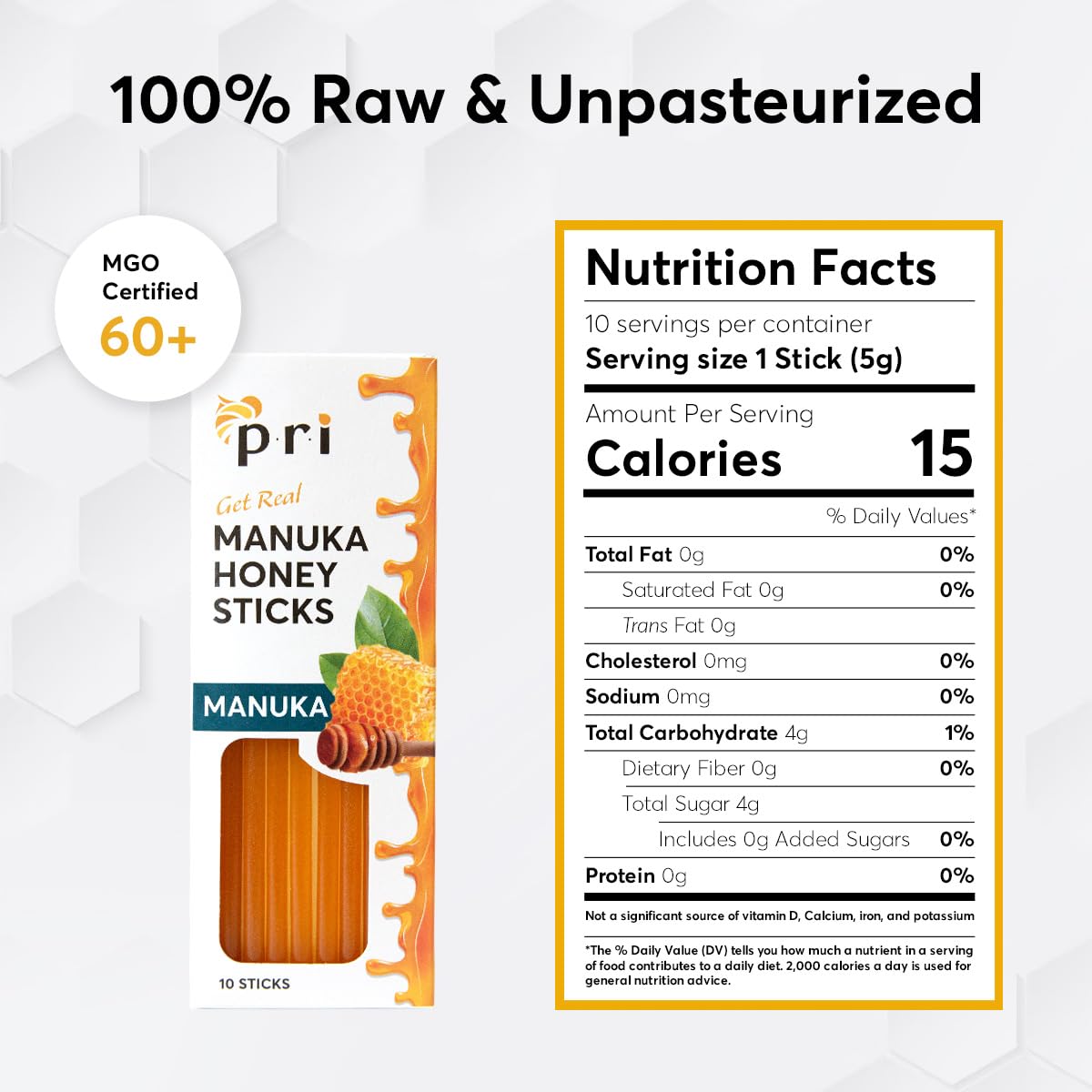 Pri Manuka Honey Sticks, Certified Mgo 60+, Raw New Zealand Manuka Honey, Perfect For On-The-Go, 10Ct