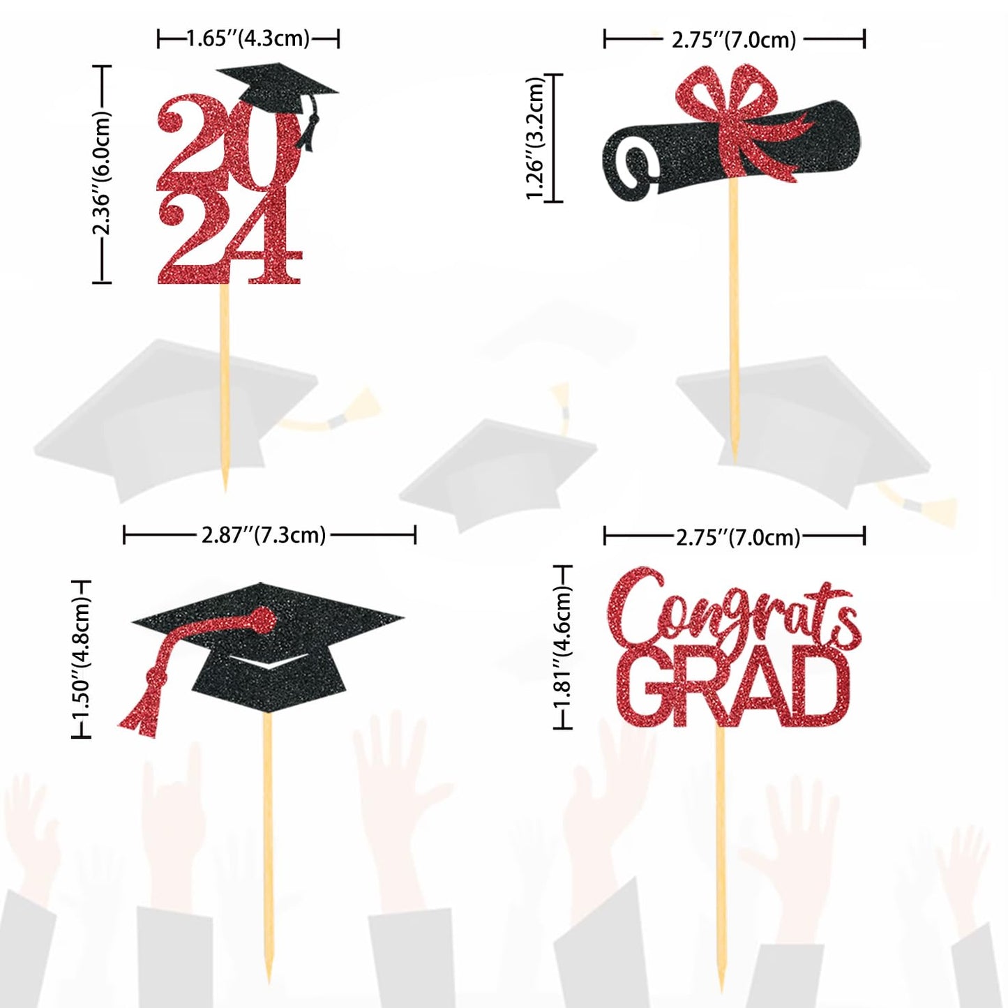 Moitkptt Graduation Cupcake Toppers, 24Pcs Red Cardboard Picks for Class of 2025 Decorations, Model FHDUT0002