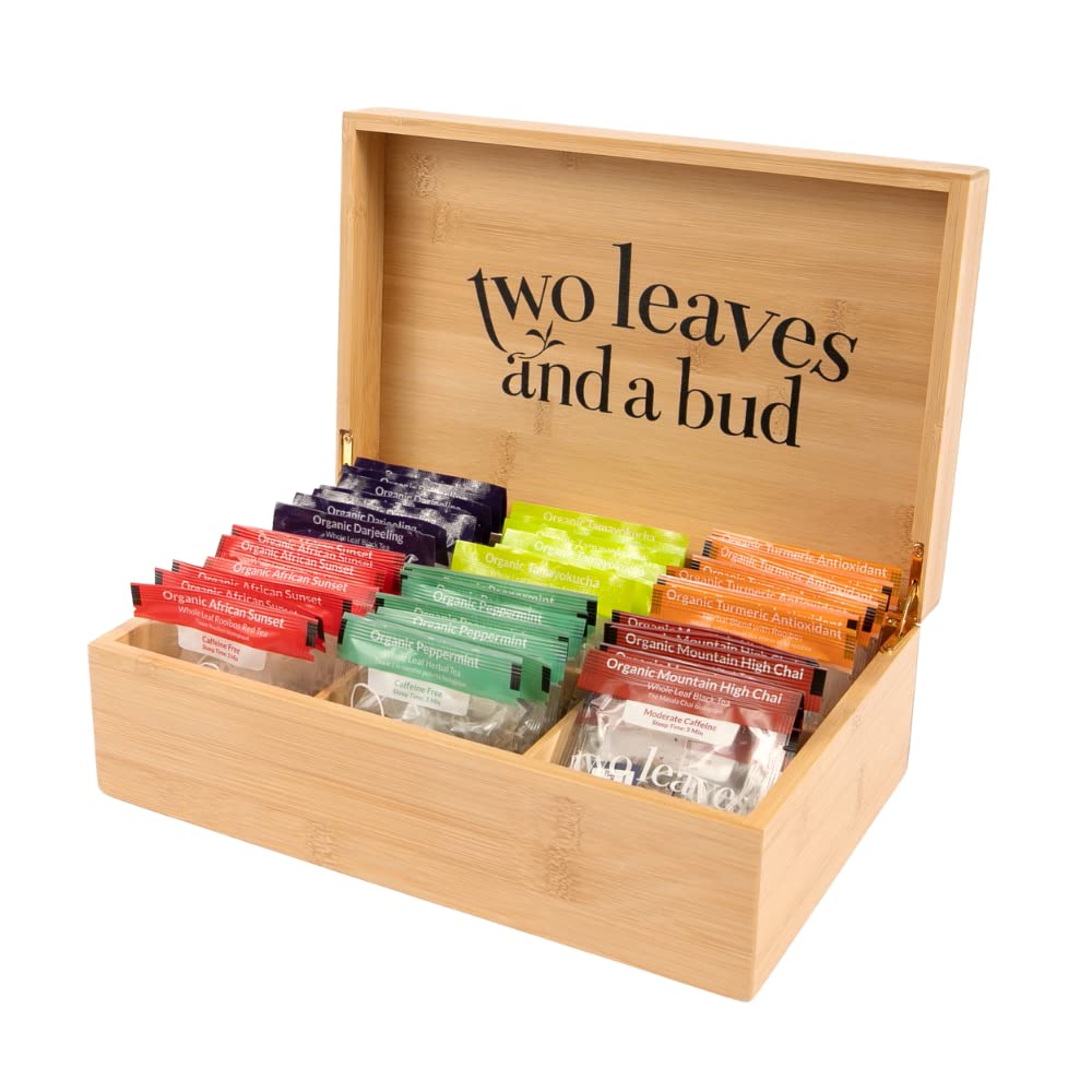 Two Leaves and a Bud Organic Tea Sampler in 6-Slot Bamboo Presentation Box - Filled Gift Box with Tea Assortment of Green, Black