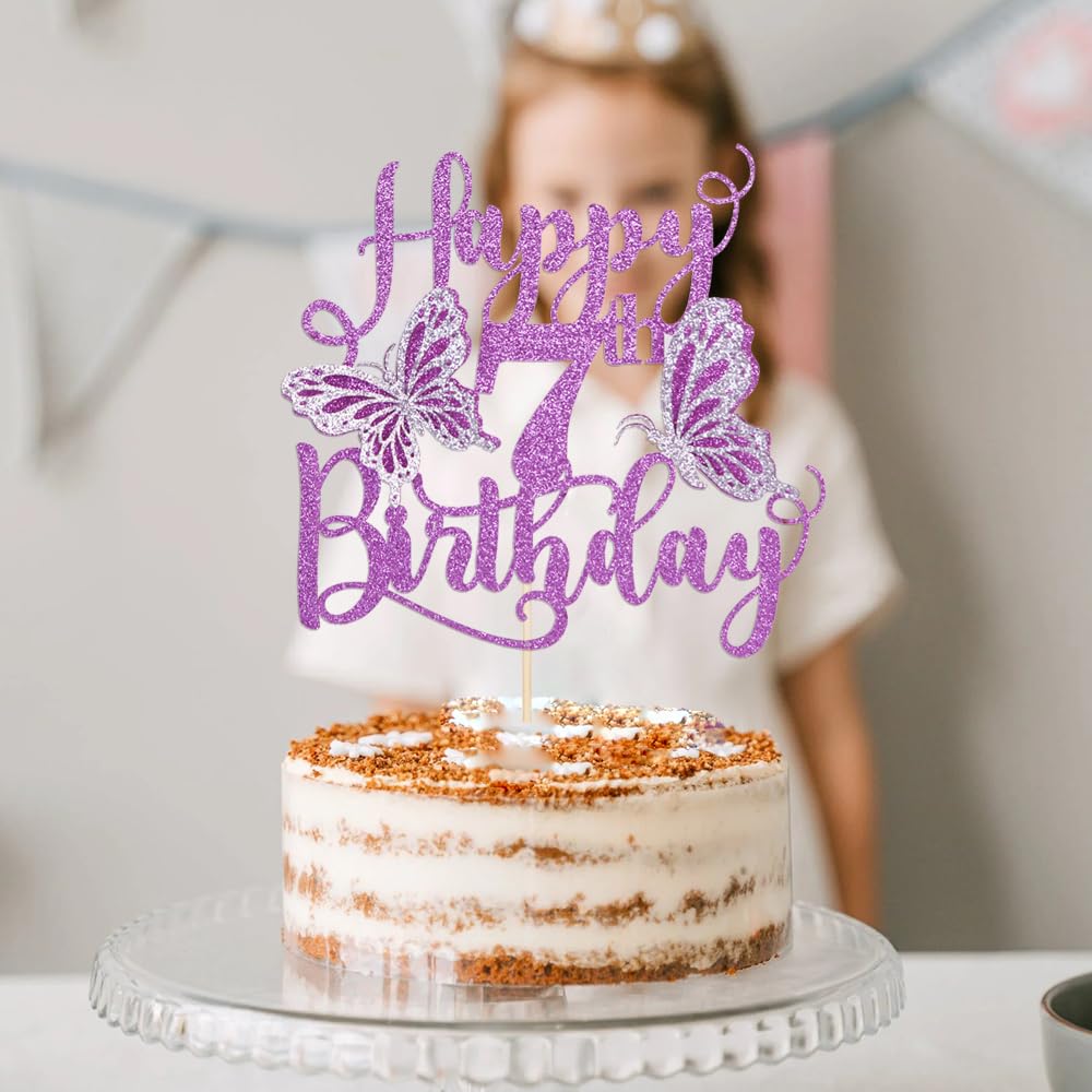 Kaoenla 3D Butterfly Cake Topper, Glitter Theme for 7th Birthday, Purple, Cardboard