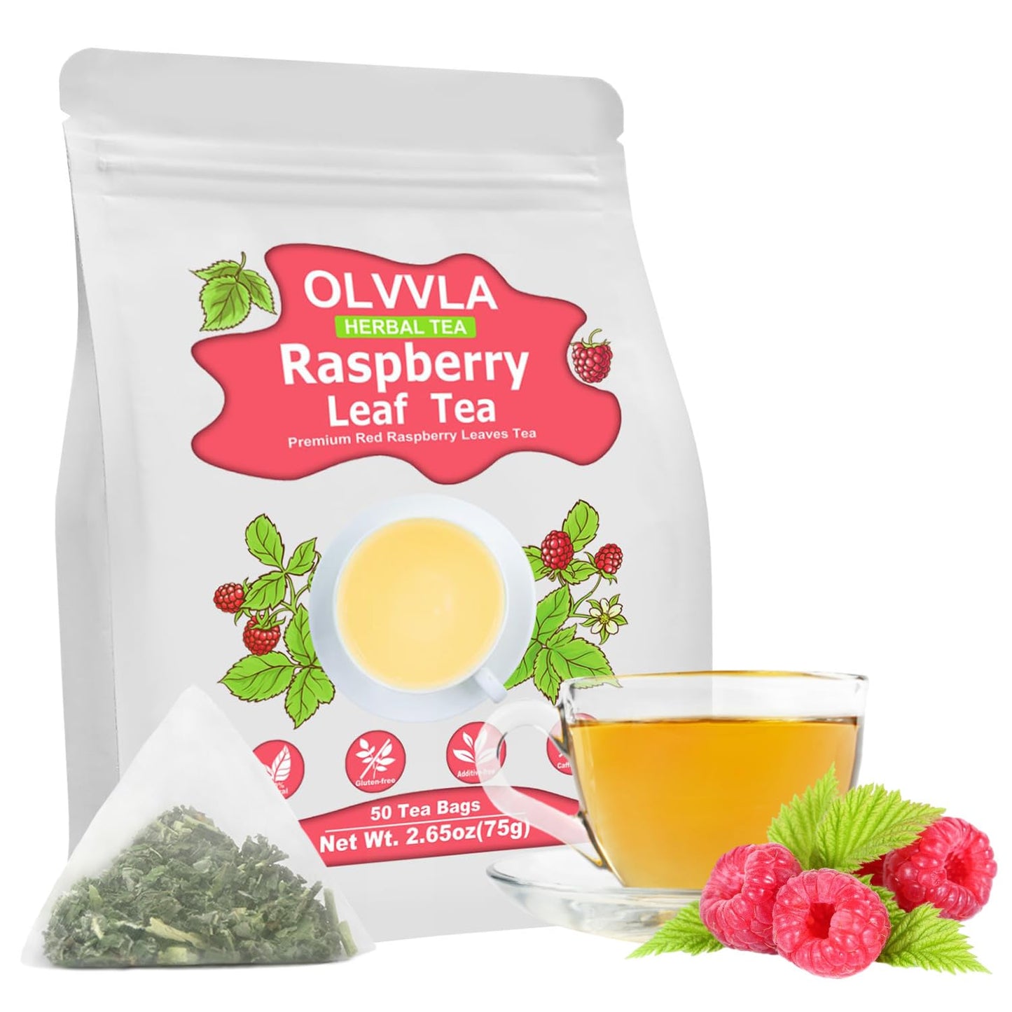 Olvvla Raspberry Leaf Tea Bags - 100% Pure Herbal Tea - Caffeine-free - 50 Count