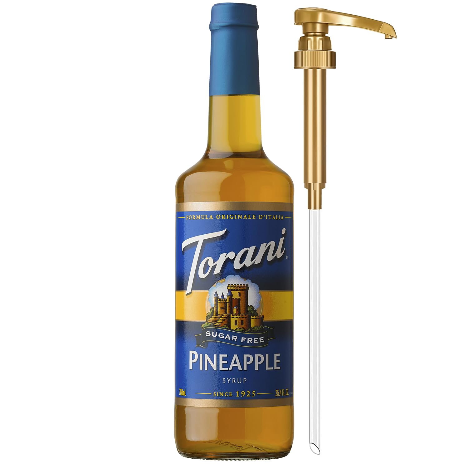 Torani Sugar Free Syrup, Pineapple Flavored Syrup for Drinks, Zero Calorie, Glass Bottle with Pump Included, 25.4 Fl Oz