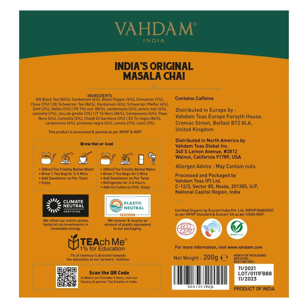 Vahdam, Indias Original Masala Chai Tea Bags (100 Count) No Added Flavoring | Blended W/Exotic Spices | Whole Leaf Tea Bags | Resealable Ziplock Pouch