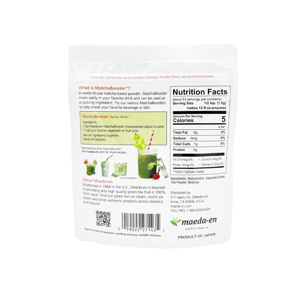 Maeda-En Matcha Booster Unsweetened Green Tea Powder 240G 3 Pack Japanese Origin Resealable Pouch For Latte Smoothies And Baking