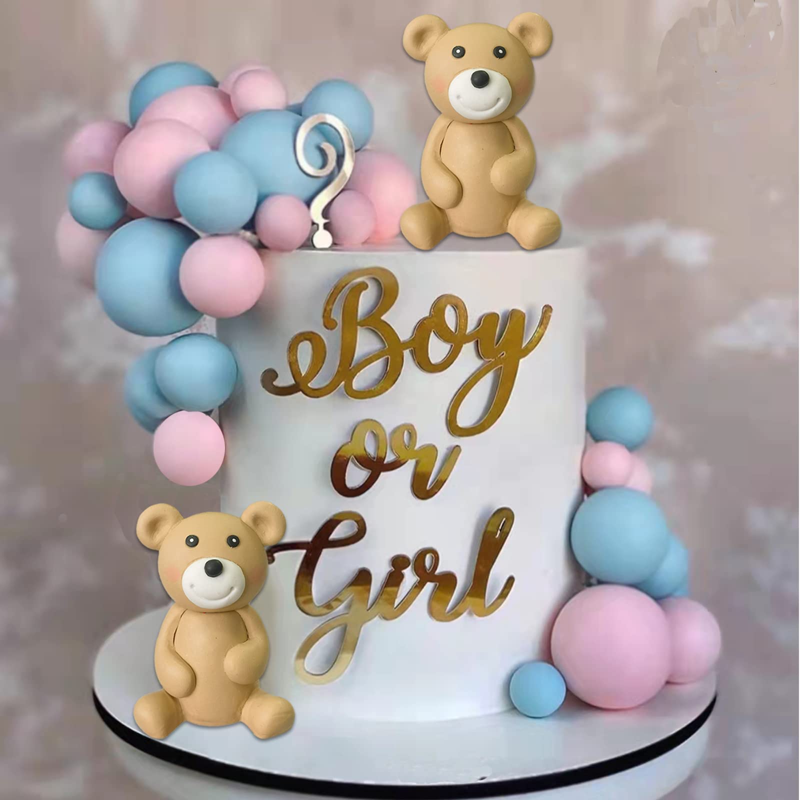 Brown Bear Balls Gender Reveal Cake Toppers For Birthday Baby Shower Party Decorations (Pink Blue)