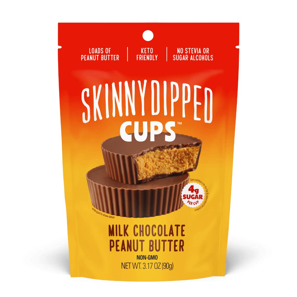 SkinnyDipped Milk Chocolate Peanut Butter Cups, 4g Sugar, Low Sugar, Low Carb, Gluten Free, 3.2oz Bag, 4 Pack (24 Cups Total)