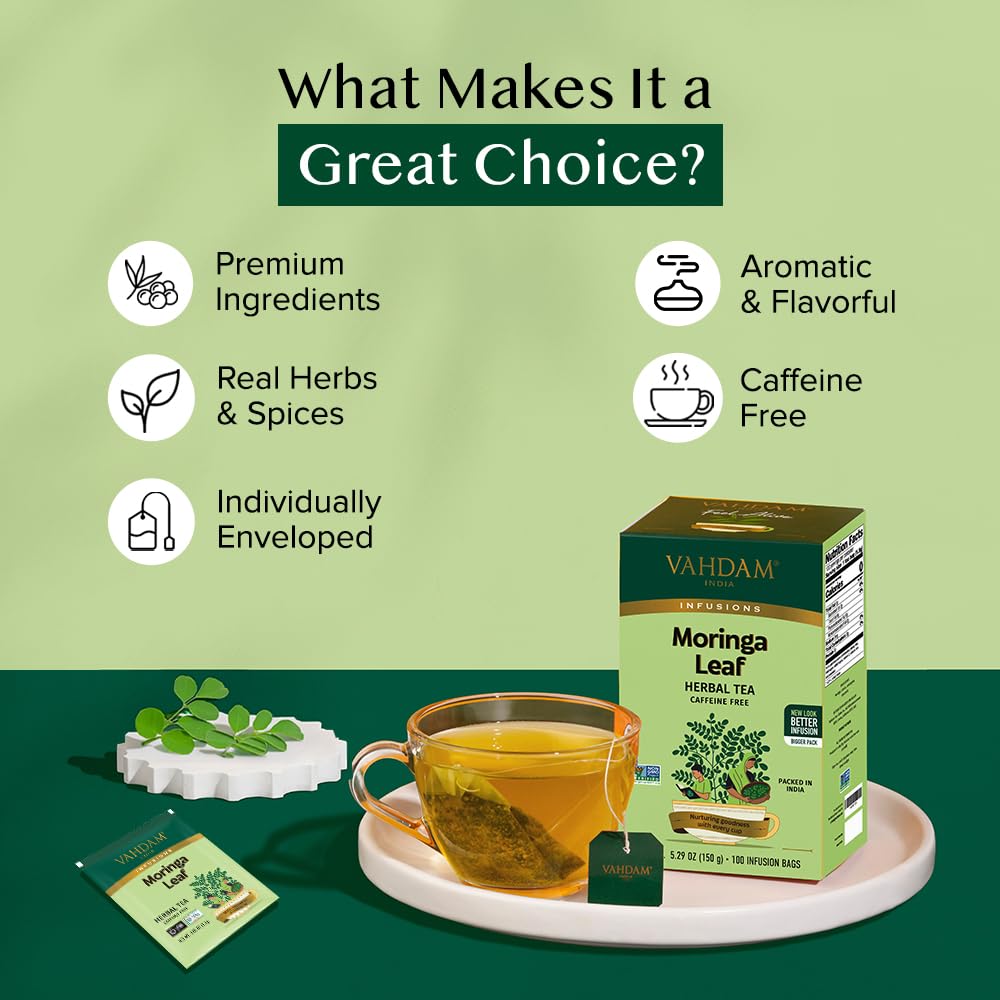 VAHDAM Moringa Tea 4-in-1 Wellness Blend, Caffeine Free, 100 Tea Bags, Eco-Friendly Individually Wrapped
