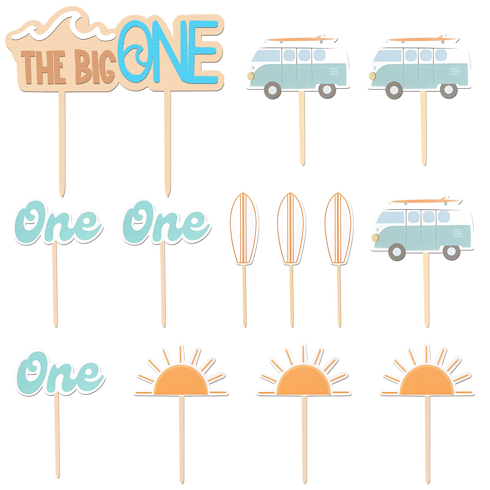 Briwooody 13 Pcs the Big One Cake Topper Wooden 1st Birthday Decorations Cupcake Photo Props for First Anniversary Holiday Birth