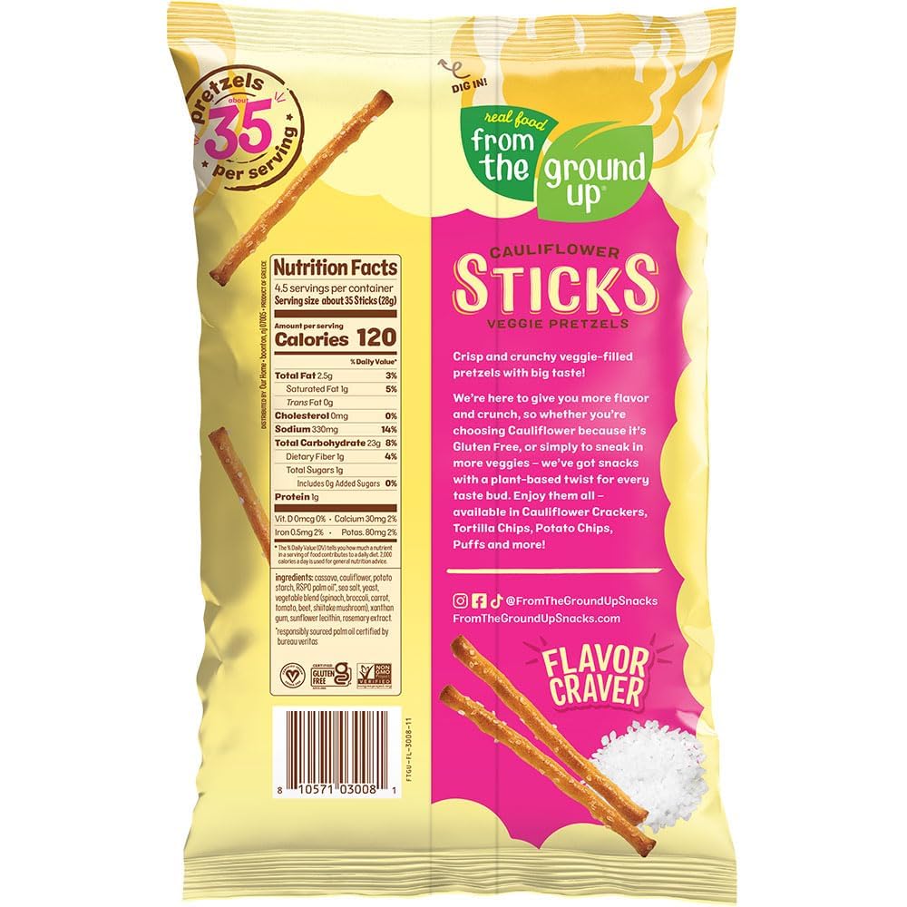 REAL FOOD FROM THE GROUND UP Vegan Cauliflower Pretzels, Gluten Free, Non-GMO, 4.5 oz (Pack of 6), Sticks