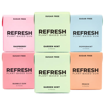 Refresh Gum  Xylitol  Natural  Sugar Free  Plastic Free  Organic Ingredients  Non GMO  Peppermint  Garden Mint  Bubble Gum  Peach & Raspberry Variety Pack  12 Pcs  6 Pack
