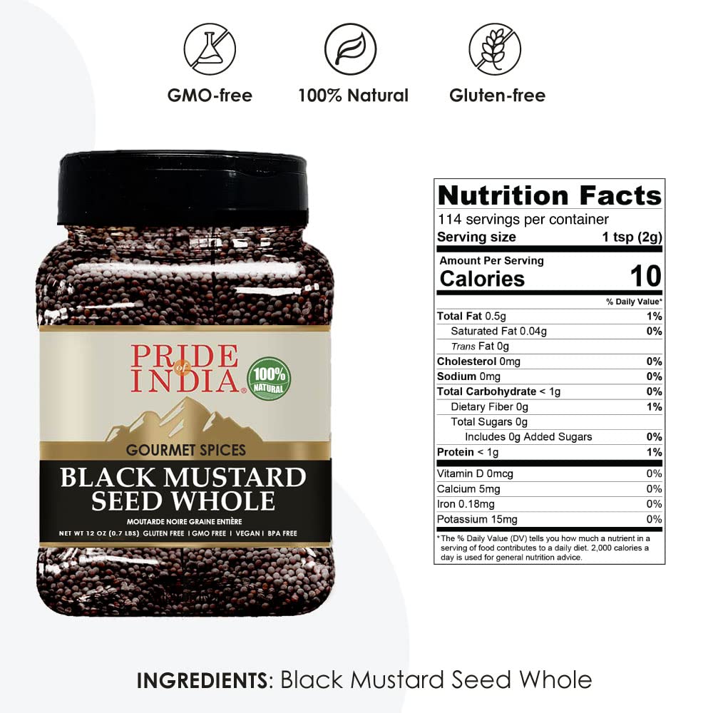 Pride Of India- Organic Black Mustard Seed Whole - 24 Oz (680 Gm) Large Dual Sifter Jar - Certified Pure Indian Vegan Spice- Bes