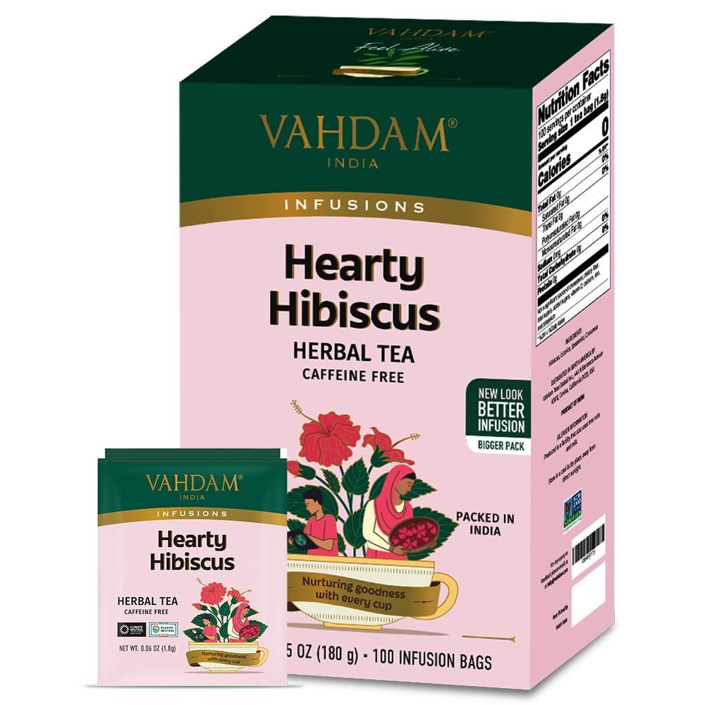 VAHDAM Heartly Hibiscus Wellness Blend Tea Bags, Caffeine Free, Non-GMO, 100 Count, Eco-Friendly Individually Wrapped