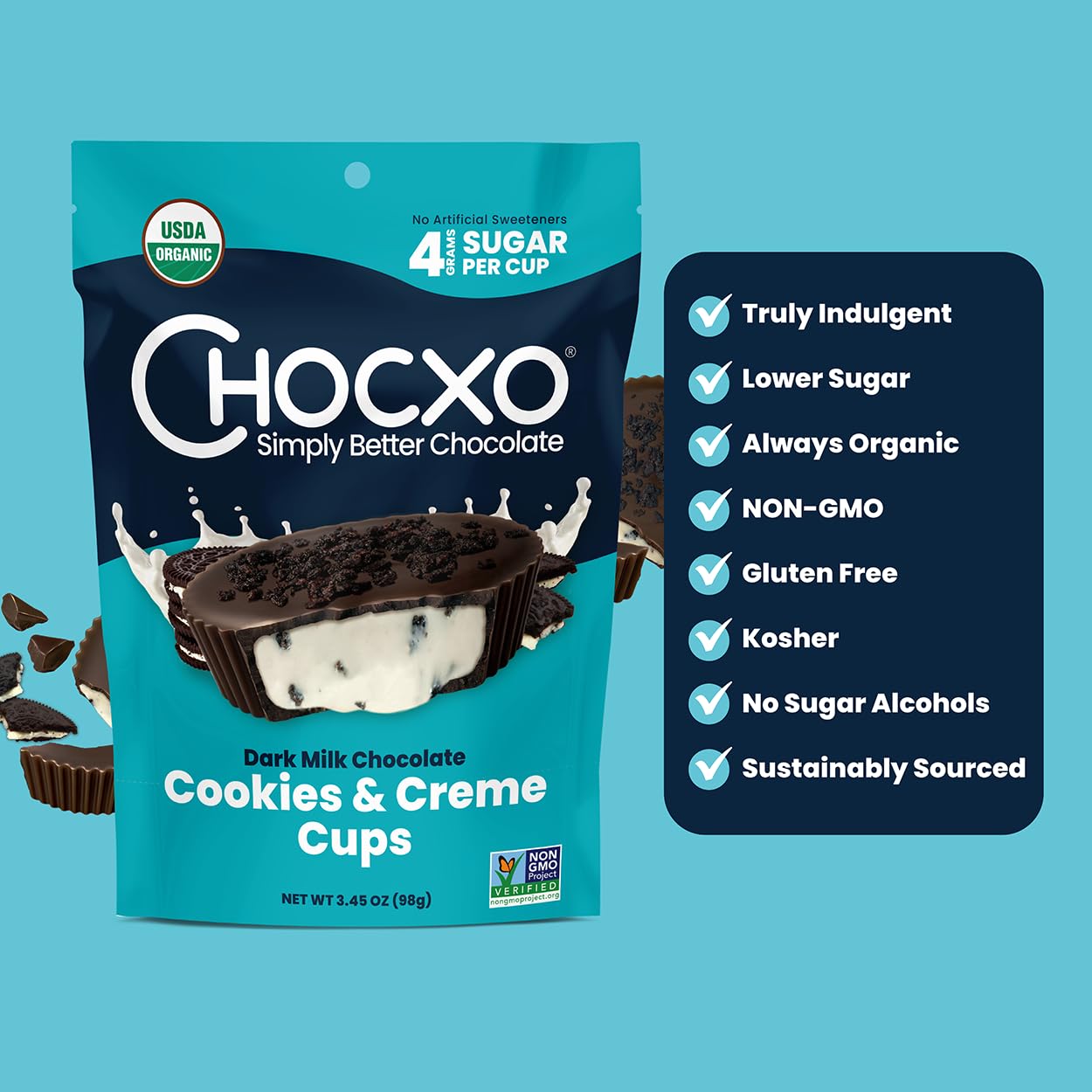 Chocxo Dark Milk Chocolate Cookies & Crème Cups - Lower Sugar, 69% Organic Cacao, Nongmo, Keto, Gluten Free, Kosher, No Artificial Sweeteners/Sugar  S, 3.45 Oz (Pack Of 6)