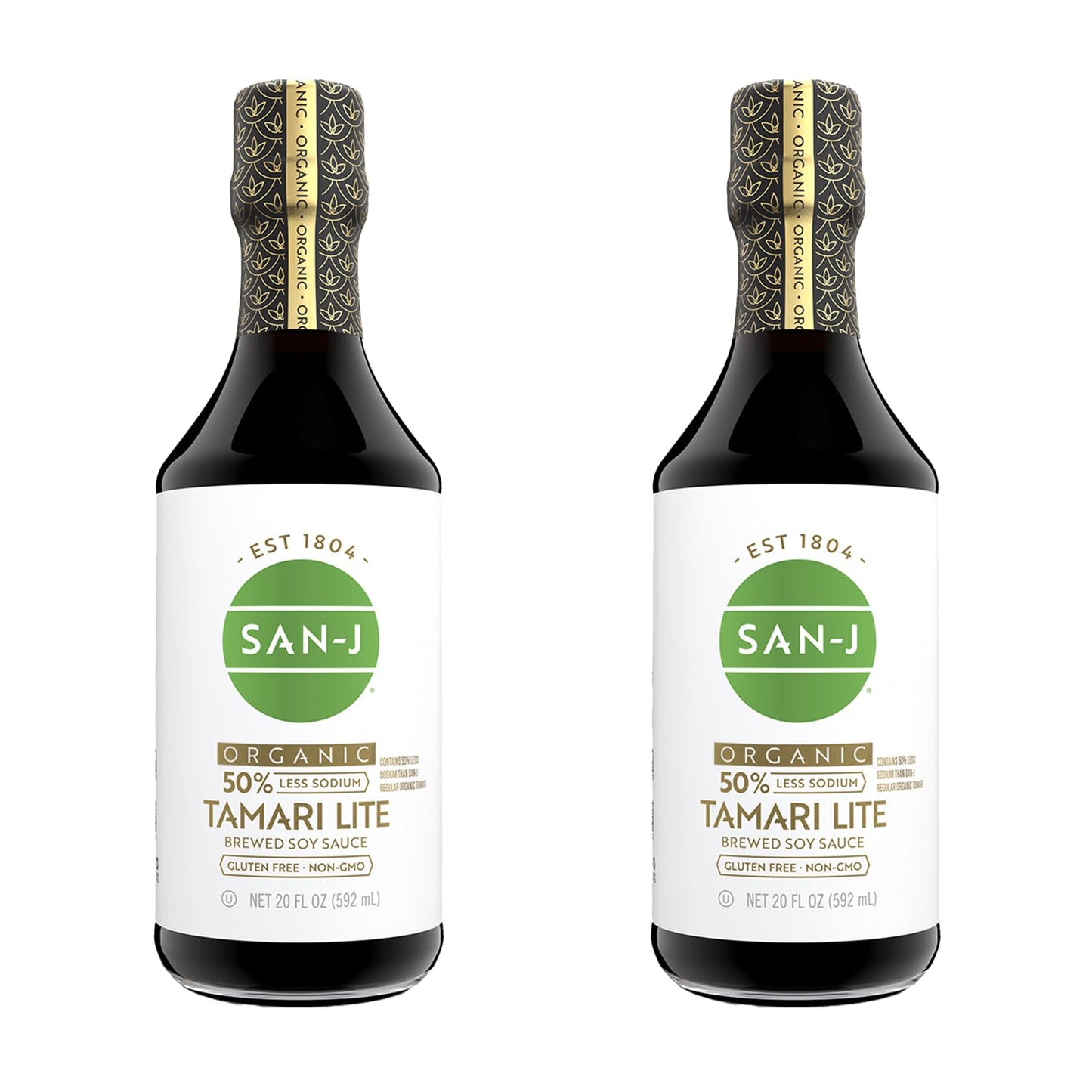 San-J - Organic Gluten Free Tamari Soy Sauce With 50% Less Sodium - Made With 100% Whole Soy - Specially Brewed - 20 Oz. Bottles - 2 Pack