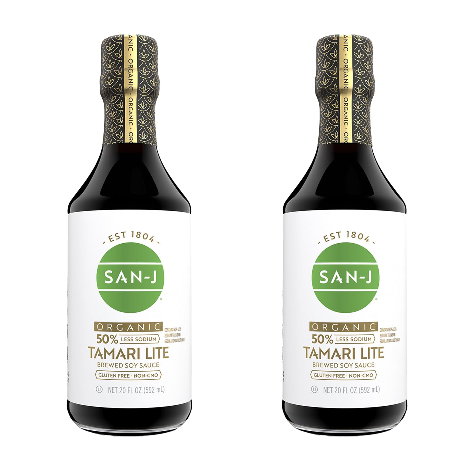 San-J - Organic Gluten Free Tamari Soy Sauce With 50% Less Sodium - Made With 100% Whole Soy - Specially Brewed - 20 Oz. Bottles - 2 Pack
