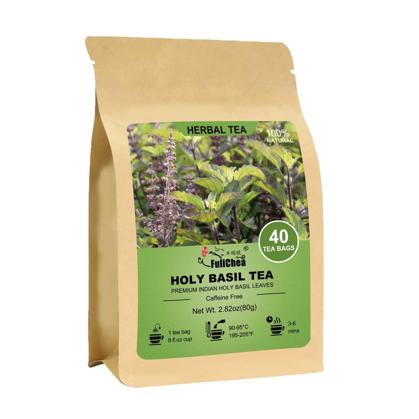 FullChea Holy Basil Tea Bags - 40 Tulsi Teabags, Caffeine-free, Non-GMO, Supports Digestion, Boosts Immunity