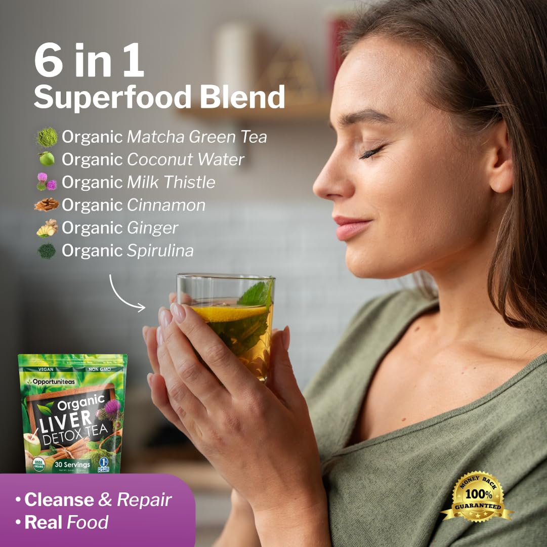Opportuniteas Organic Liver Detox Tea Powder - Matcha, Milk Thistle, Spirulina - 2.6 oz - Green