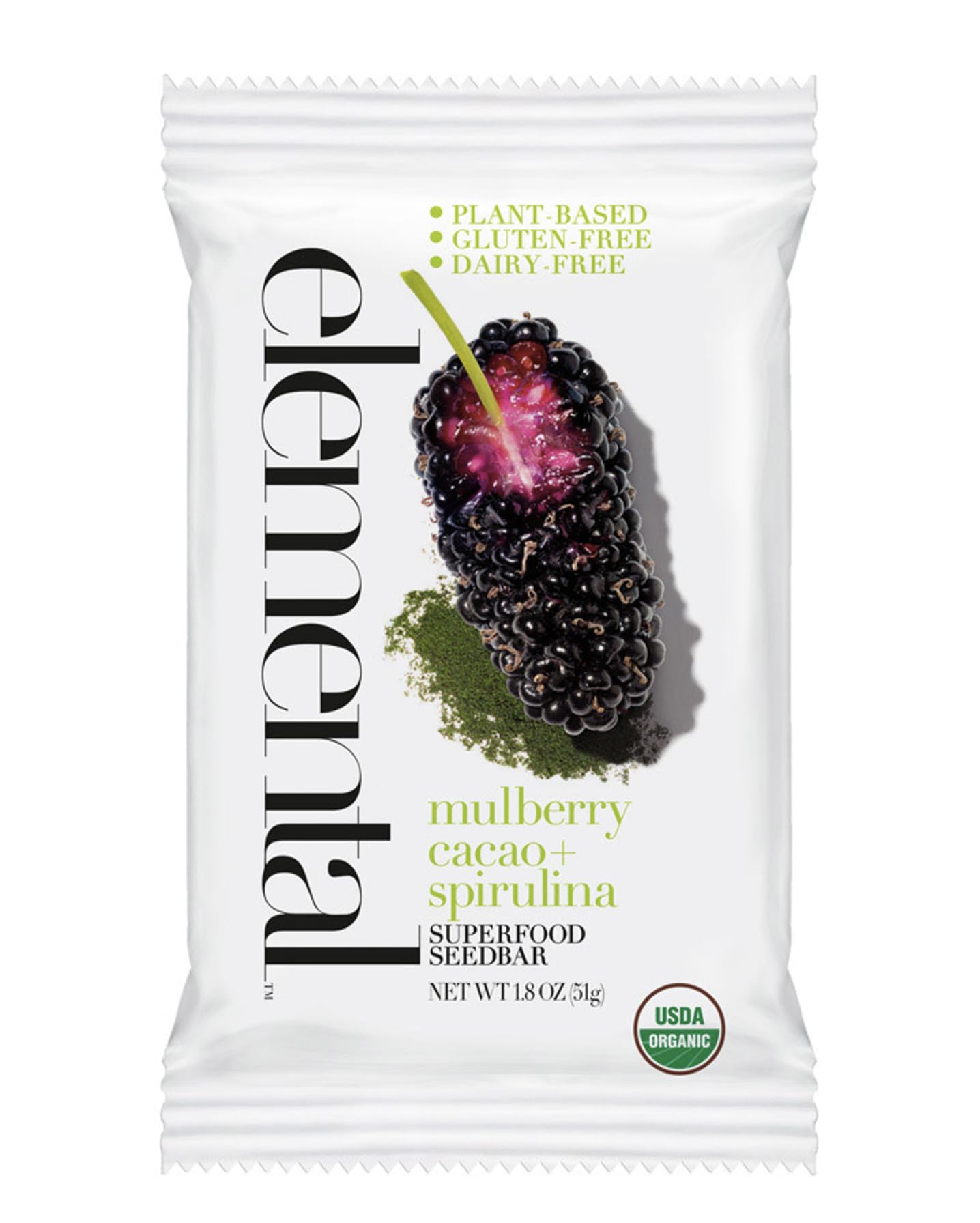 Elemental Superfood Seedbars, Organic Mulberry Cacao + Spirulina, 1.8 oz, Non-GMO, Gluten Free, Dairy Free, 12 Pack
