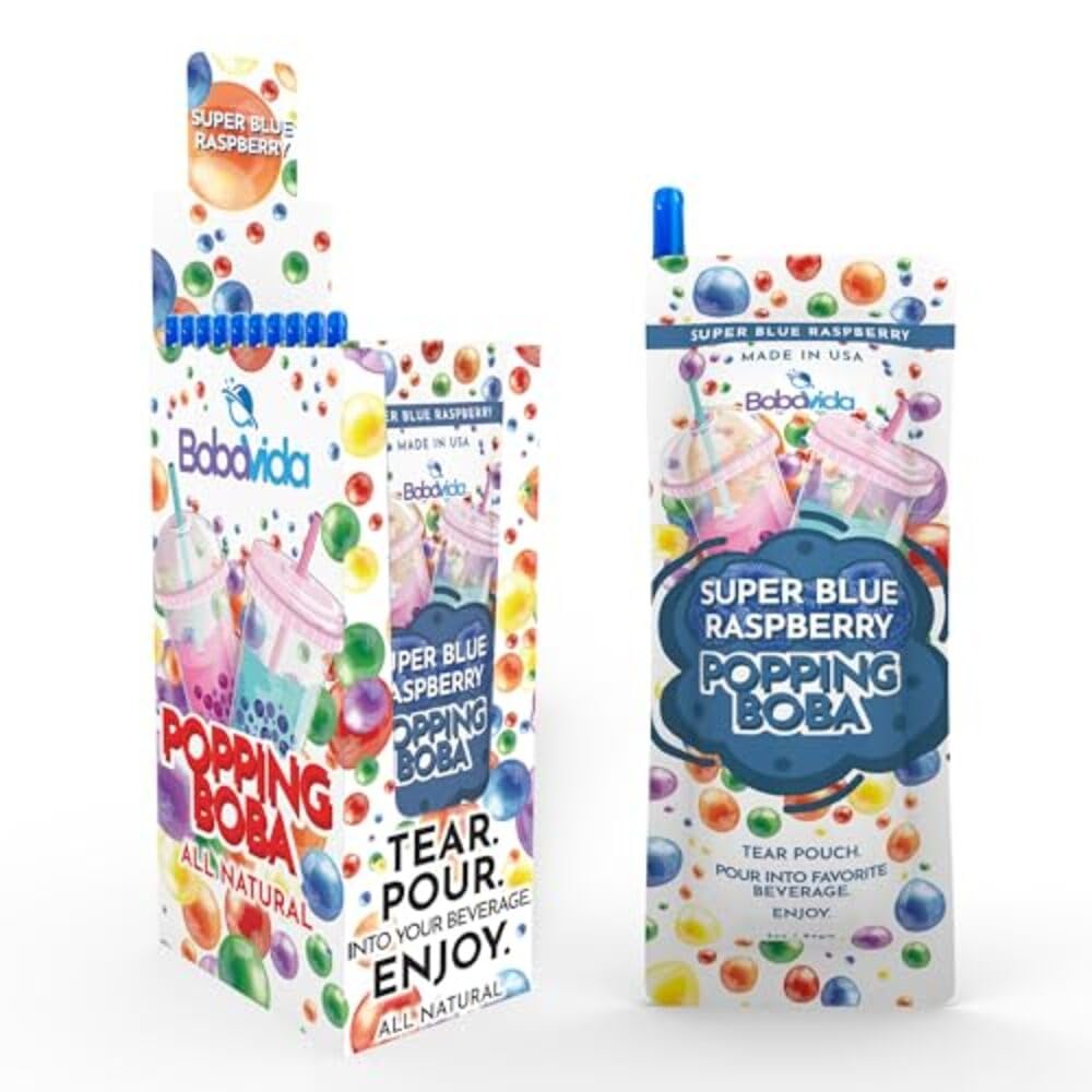 BOBAVIDA Popping Boba Pearls - Super Blue Raspberry - 10 Pack with Straws - Non-GMO Food Toppings