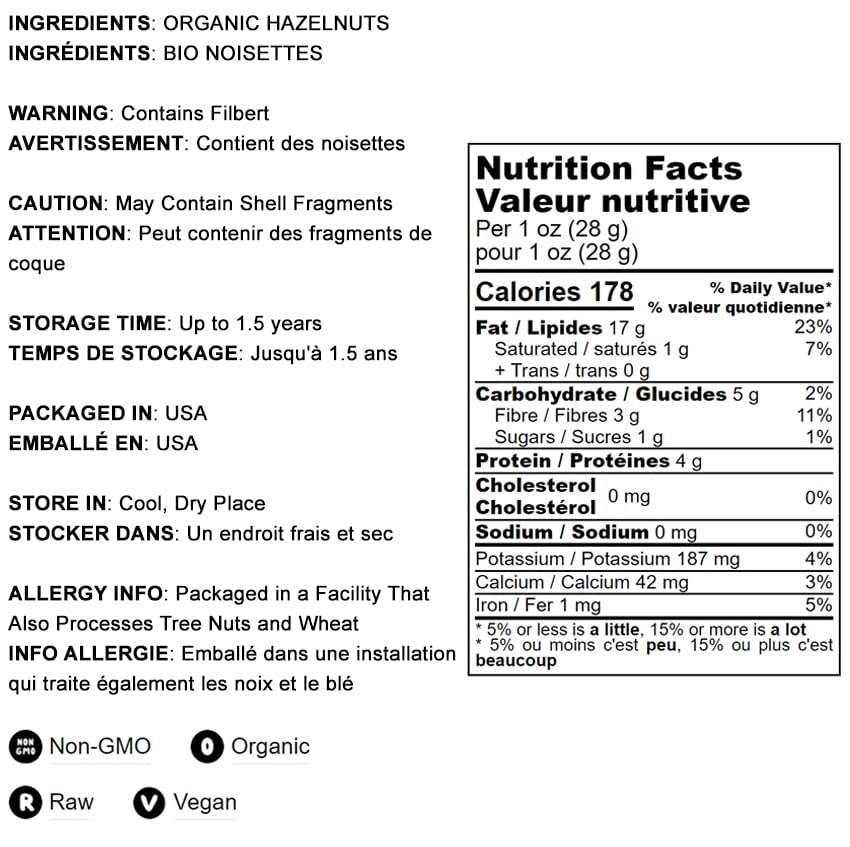 Organic Raw Blanched Hazelnuts, 8 Ounces - Non-Gmo Filberts, No Skin, Unsalted, Unroasted, Vegan, Bulk Nuts. Good Source Of Prot