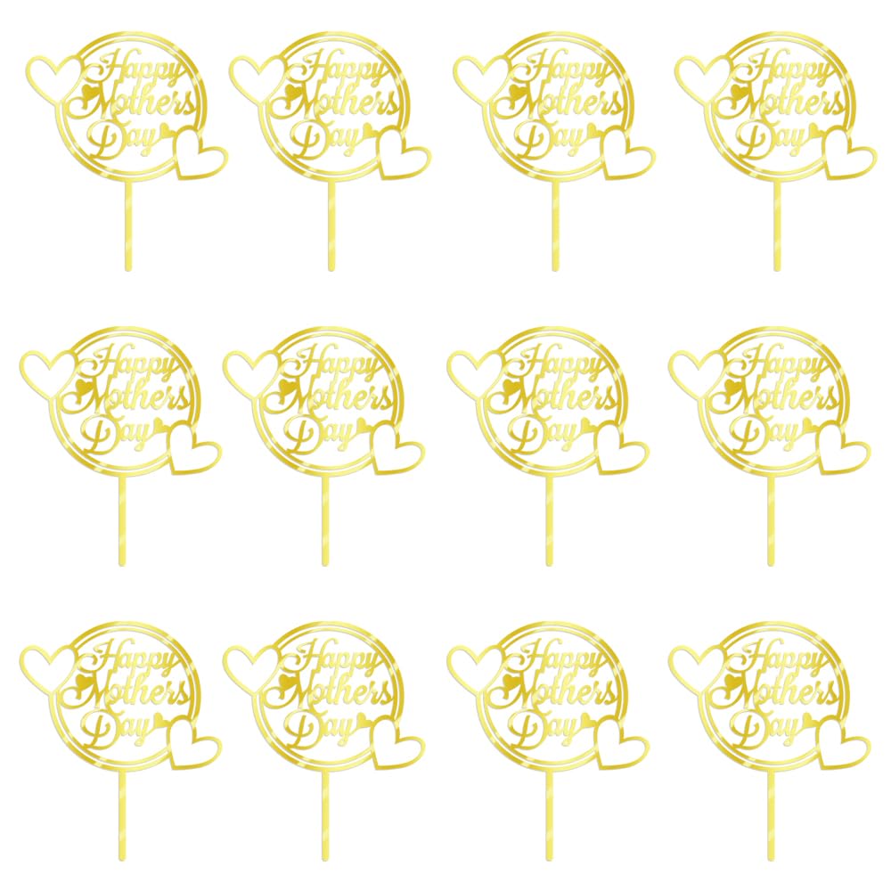 Keoysek 12Pcs Acrylic Gold Happy Mother'S Day Cake Topper Cake Topper Acrylic Mirror Cake Topper Decorative Party Cake Decoratio