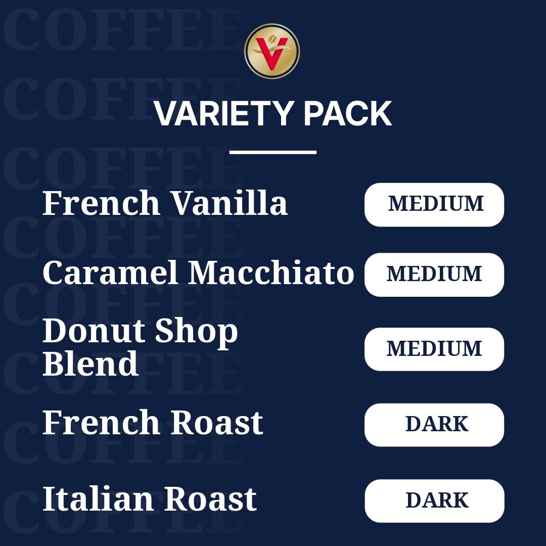 Victor Allens Coffee Variety Pack (Donut Shop Blend  French Roast  Italian Roast  French Vanilla Flavored  Caramel Macchiato)  120 Count  Single Serve Coffee Pods for Keurig K-Cup malt-inspired