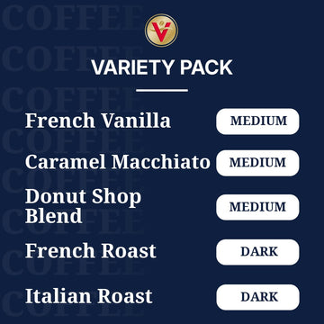 Victor Allens Coffee Variety Pack (Donut Shop Blend  French Roast  Italian Roast  French Vanilla Flavored  Caramel Macchiato)  120 Count  Single Serve Coffee Pods for Keurig K-Cup malt-inspired
