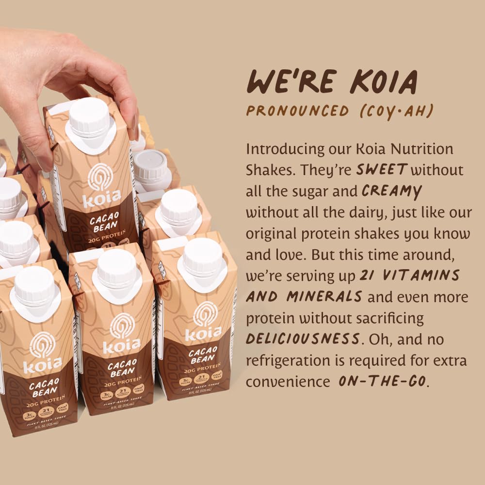 Koia Plant Based Protein Shake, Cacao Bean, 20g Protein, 3g Sugar, 6g Prebiotic Fiber, 21 Vitamins & Minerals, Meal Replacement